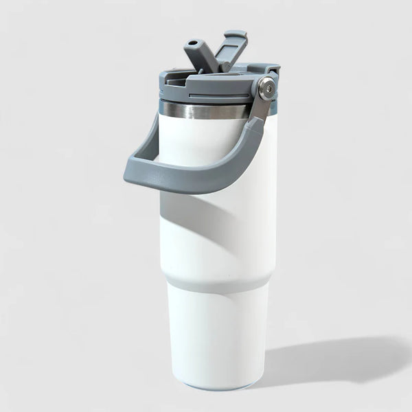 "White stainless steel insulated tumbler with leakproof flip-top lid on white background – hot and cold travel mug"